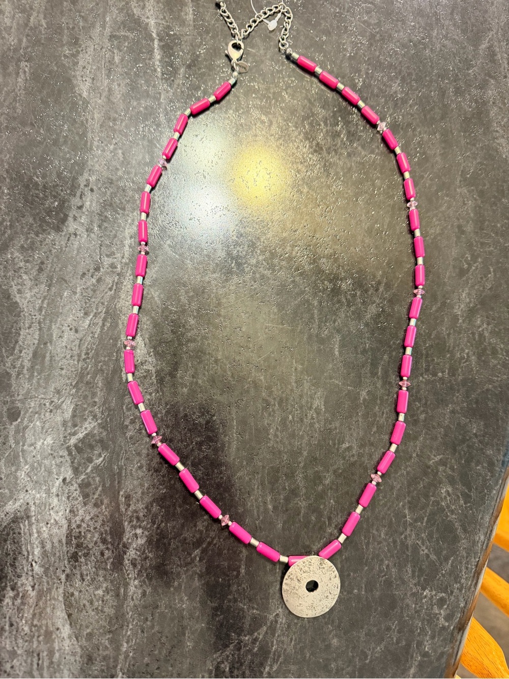 Pink Beaded Necklace with Silver Disc Pendant